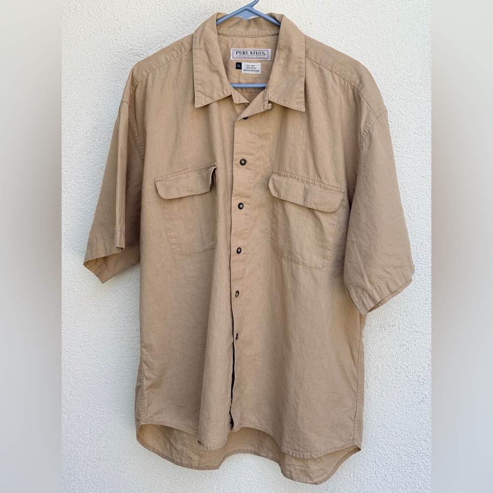 Tan Linen Short Sleeve Button-Up Shirt men’s XL